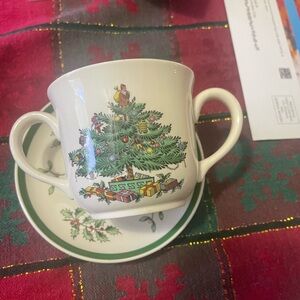 Spode Christmas Tree Mug and Saucer Set - Green and Red